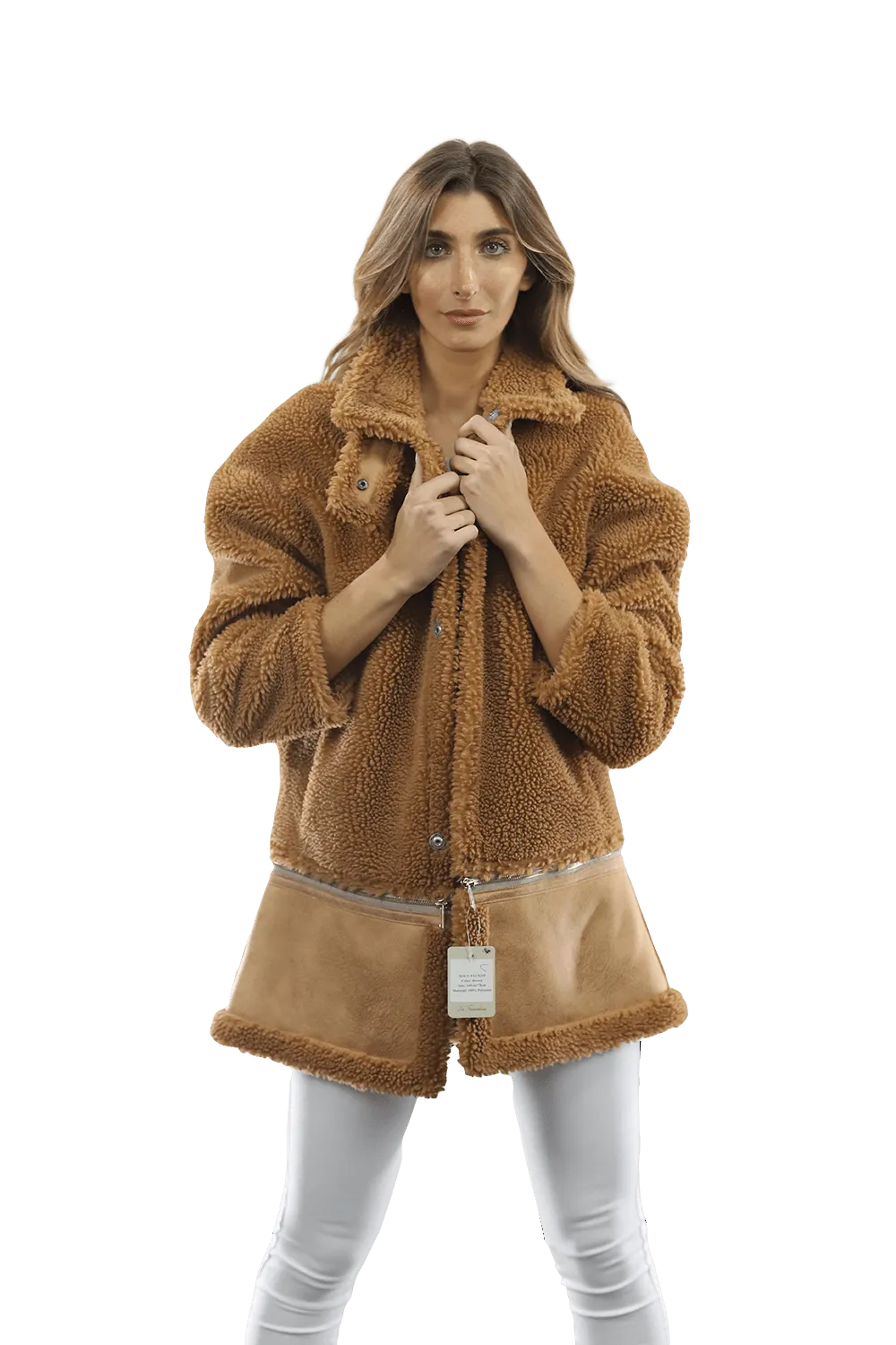 Faux Fur Coat with Zipper detail - Brown