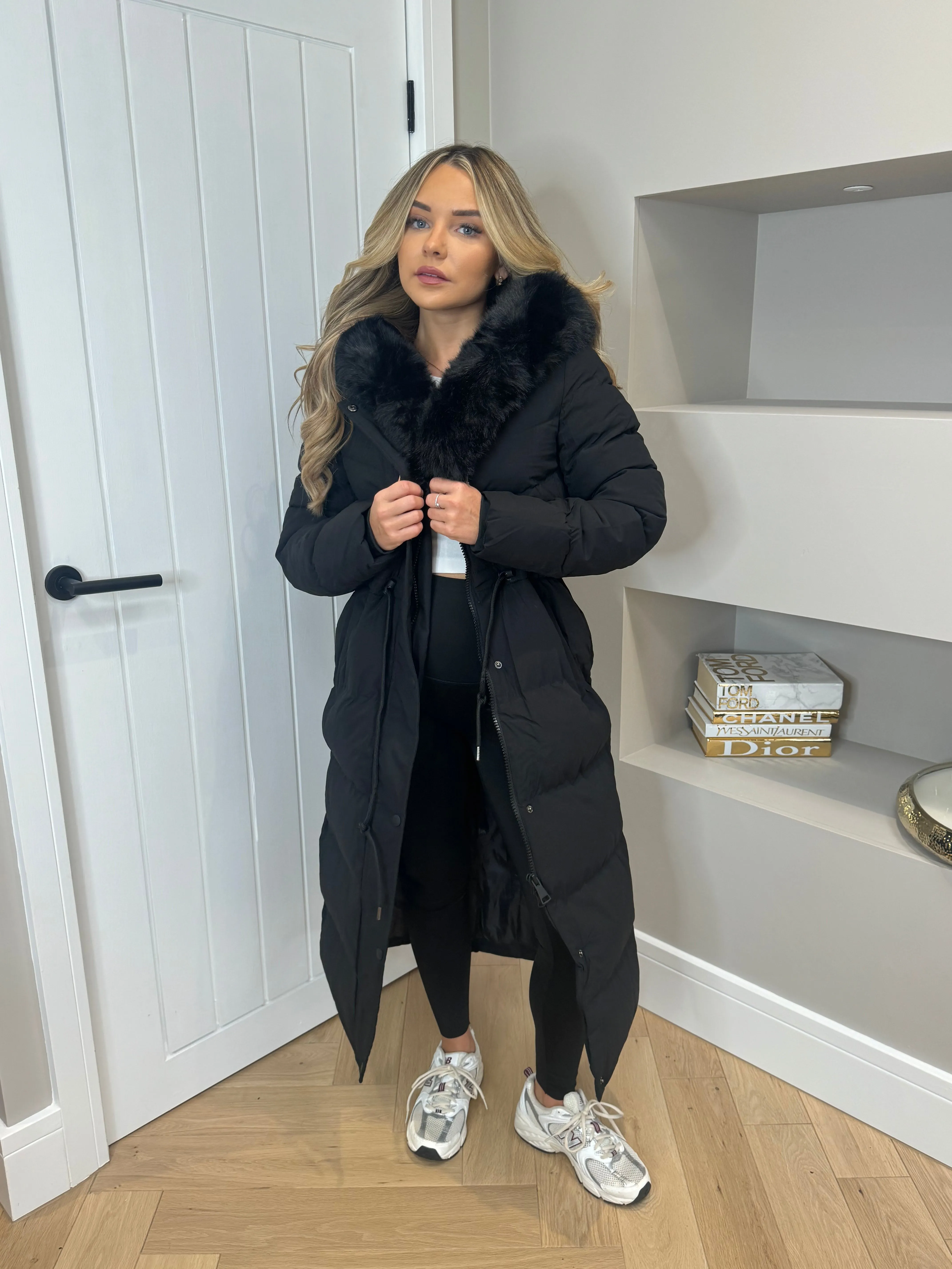 Faux fur drawstring long coat