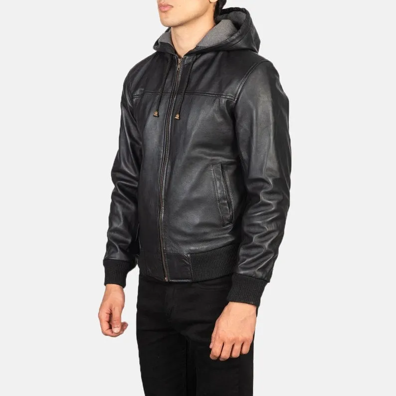 Flight Leather Jacket Men Zip-up Hoodie For Men Black