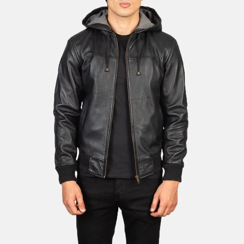 Flight Leather Jacket Men Zip-up Hoodie For Men Black