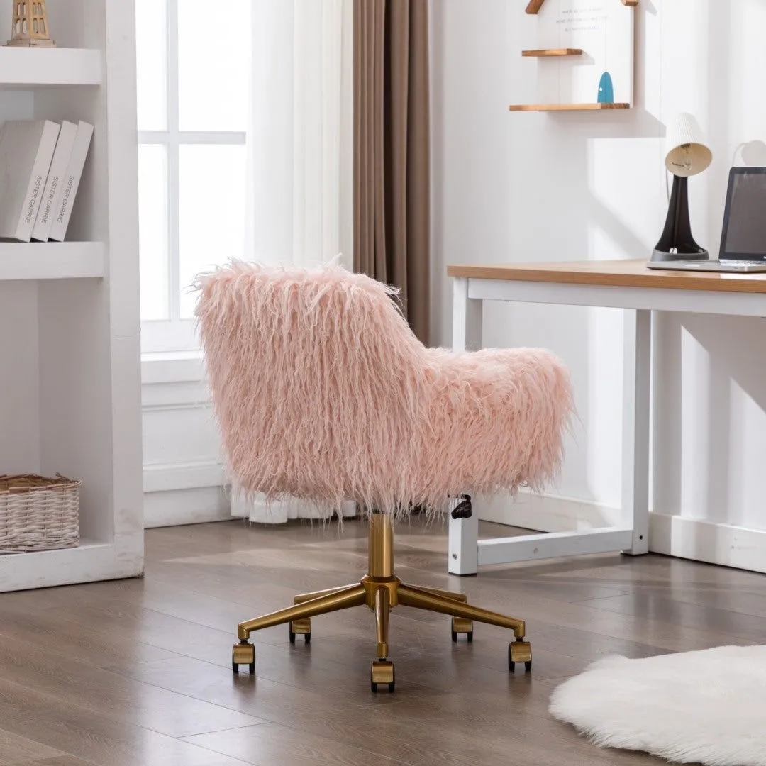 Fluffy Office Chair Faux Fur Modern Swivel Desk Chair for Women And Girls-Pink