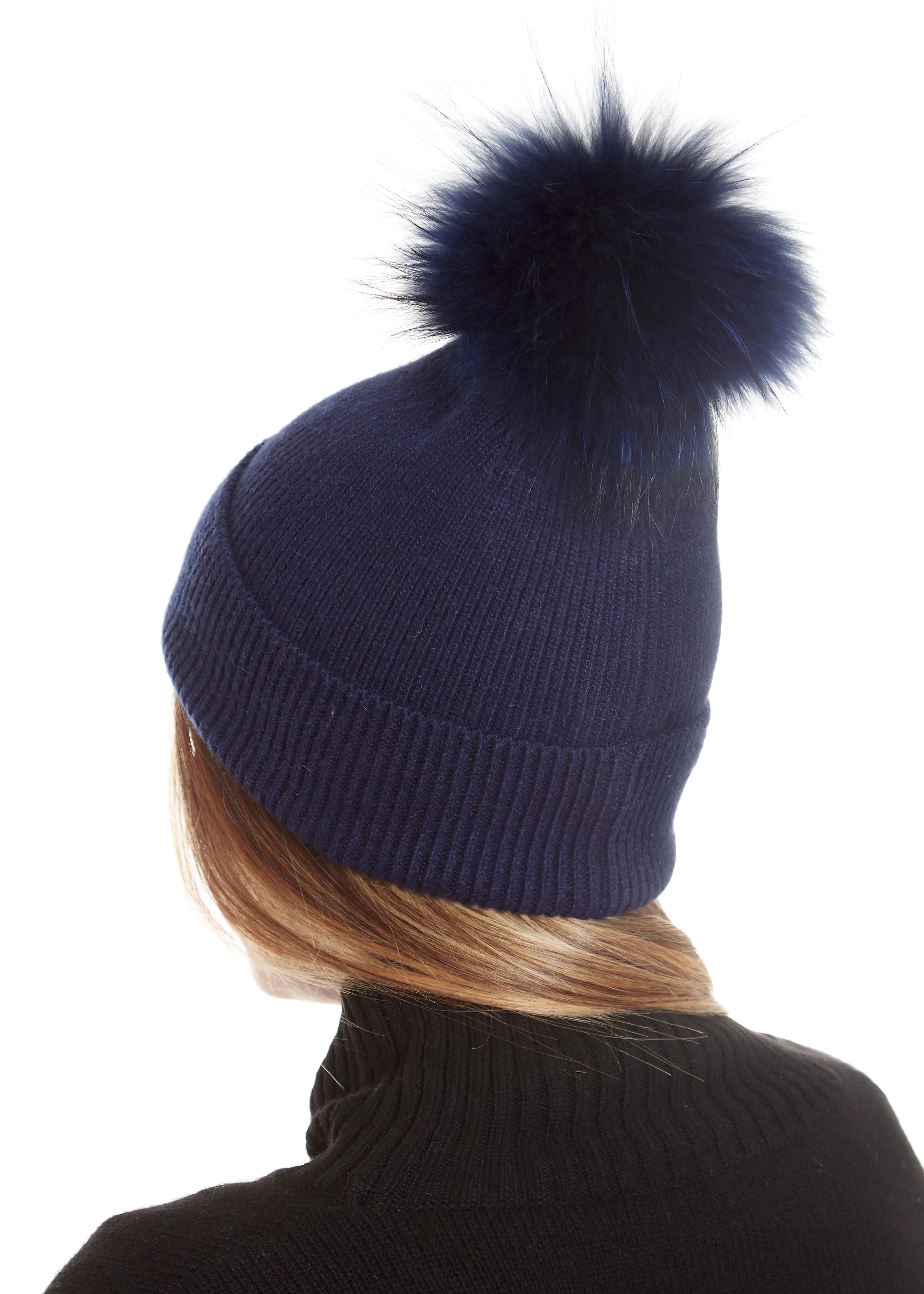 Fur5Eight Navy Premium Wool Blend Fur Pom Hat