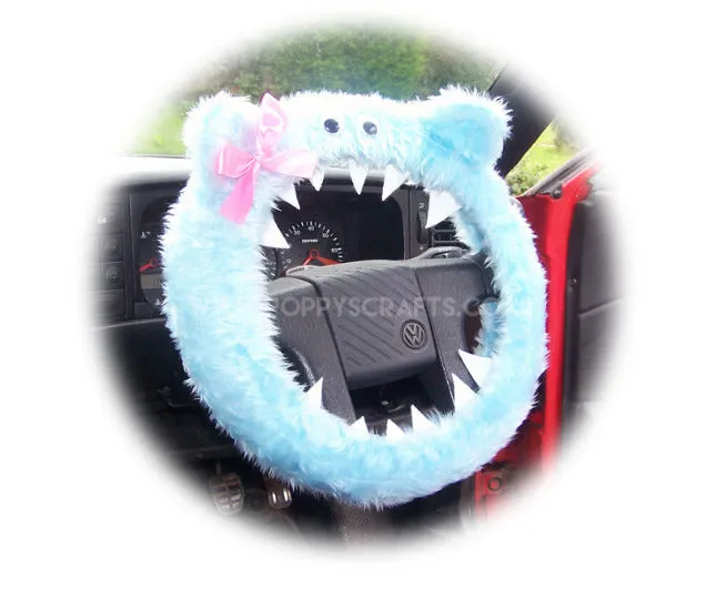 Fuzzy Baby blue faux fur monster car steering wheel cover with cute pink bow