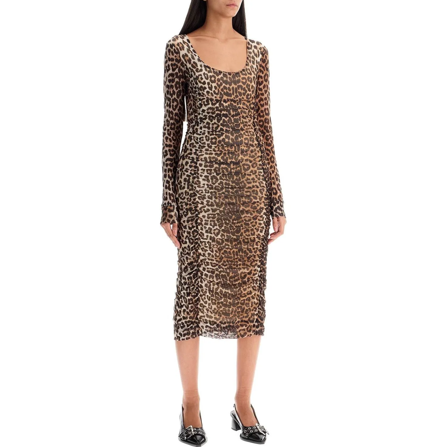 Ganni 'animal print midi dress in mesh