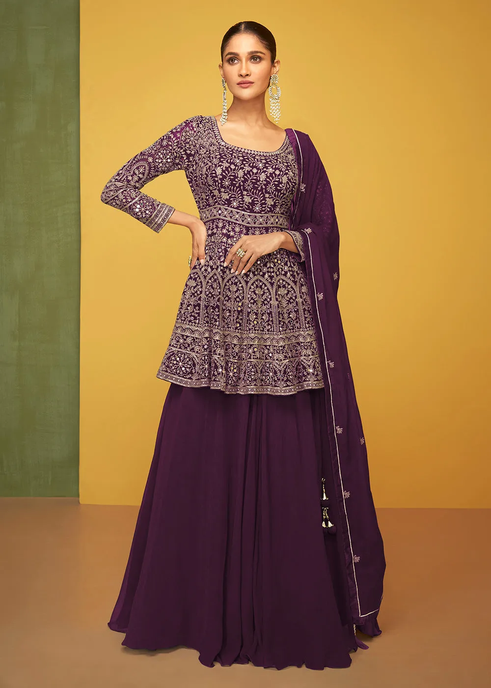 Glorious Purple Georgette Fabric Skirt Style Designer Palazzo Suit