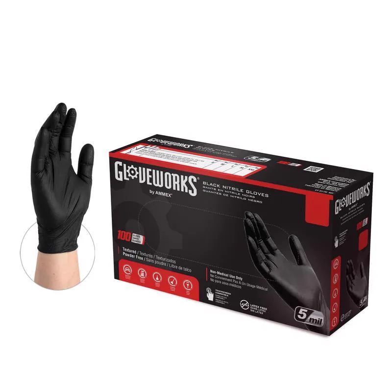 Gloveworks Nitrile Disposable Gloves XX-Large Black Powder Free 100 pk