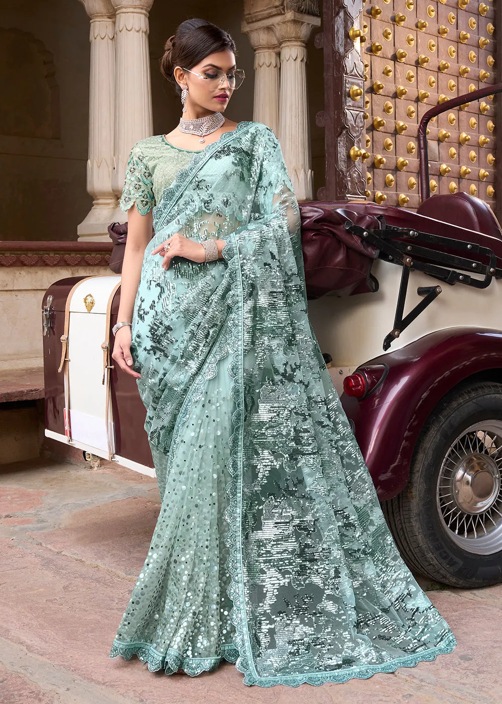 Gorgeous Sea Green Applique Net Designer Bridal Party Wear Saree