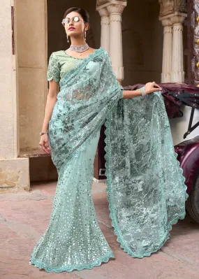 Gorgeous Sea Green Applique Net Designer Bridal Party Wear Saree