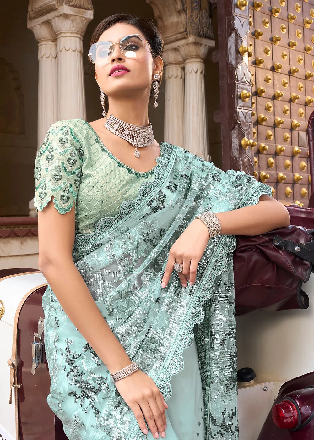 Gorgeous Sea Green Applique Net Designer Bridal Party Wear Saree