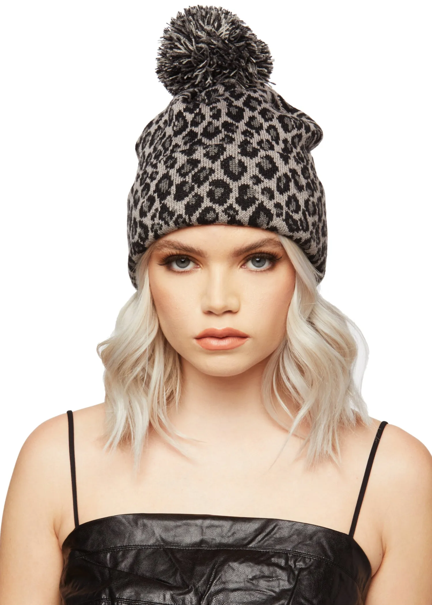 Gray Leopard Animal Print Beanie Hat