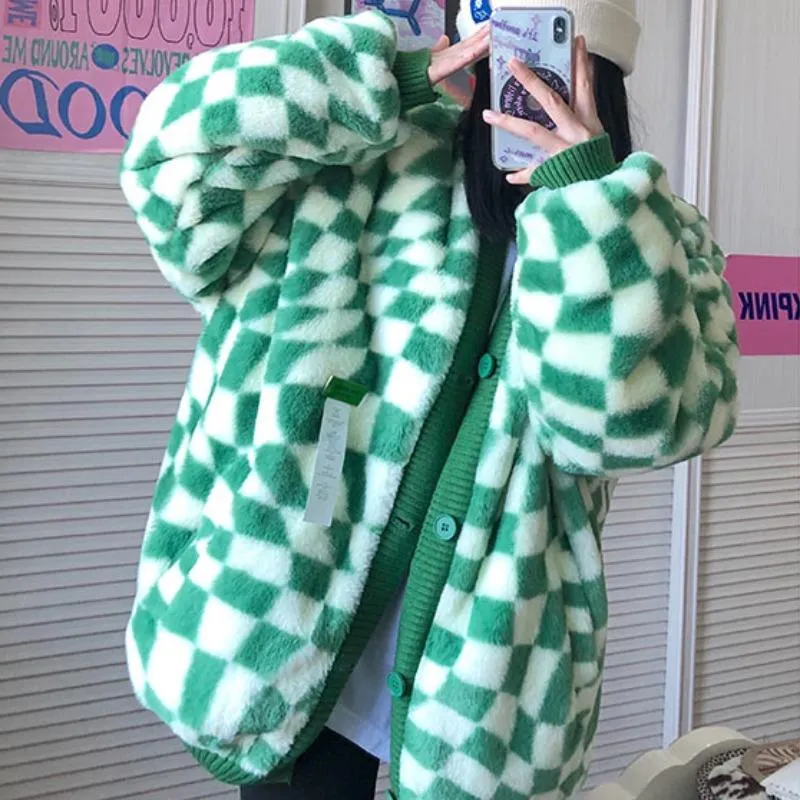 Green Checkered Plaid Soft Fuzzy Oversized Cardigan