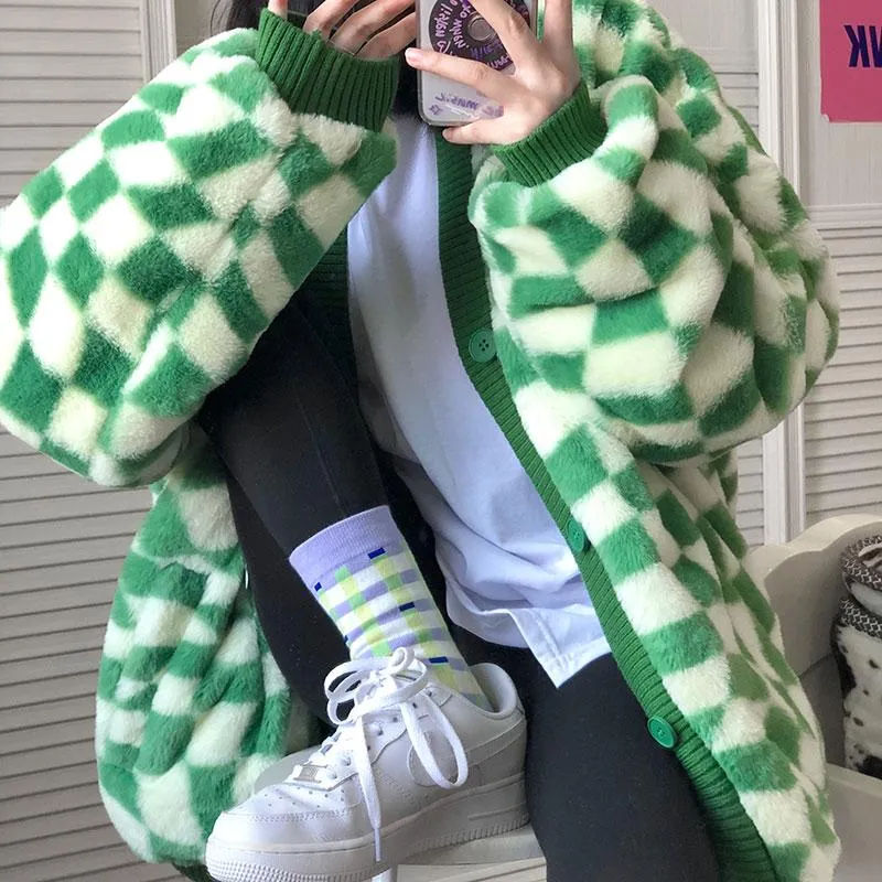 Green Checkered Plaid Soft Fuzzy Oversized Cardigan