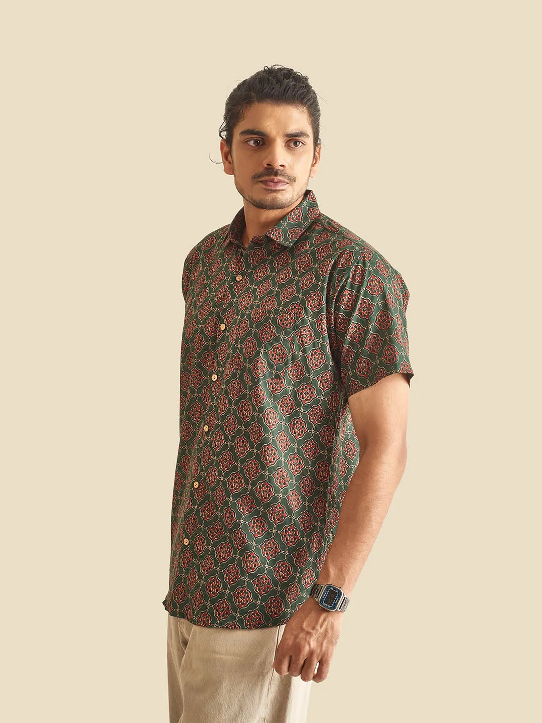 Green Ethnic Block Printed Festive Halfsleeves Cotton Shirt