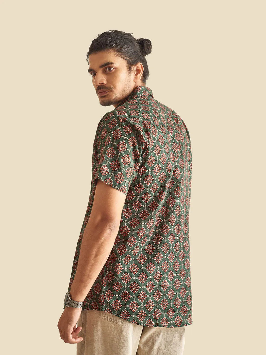 Green Ethnic Block Printed Festive Halfsleeves Cotton Shirt