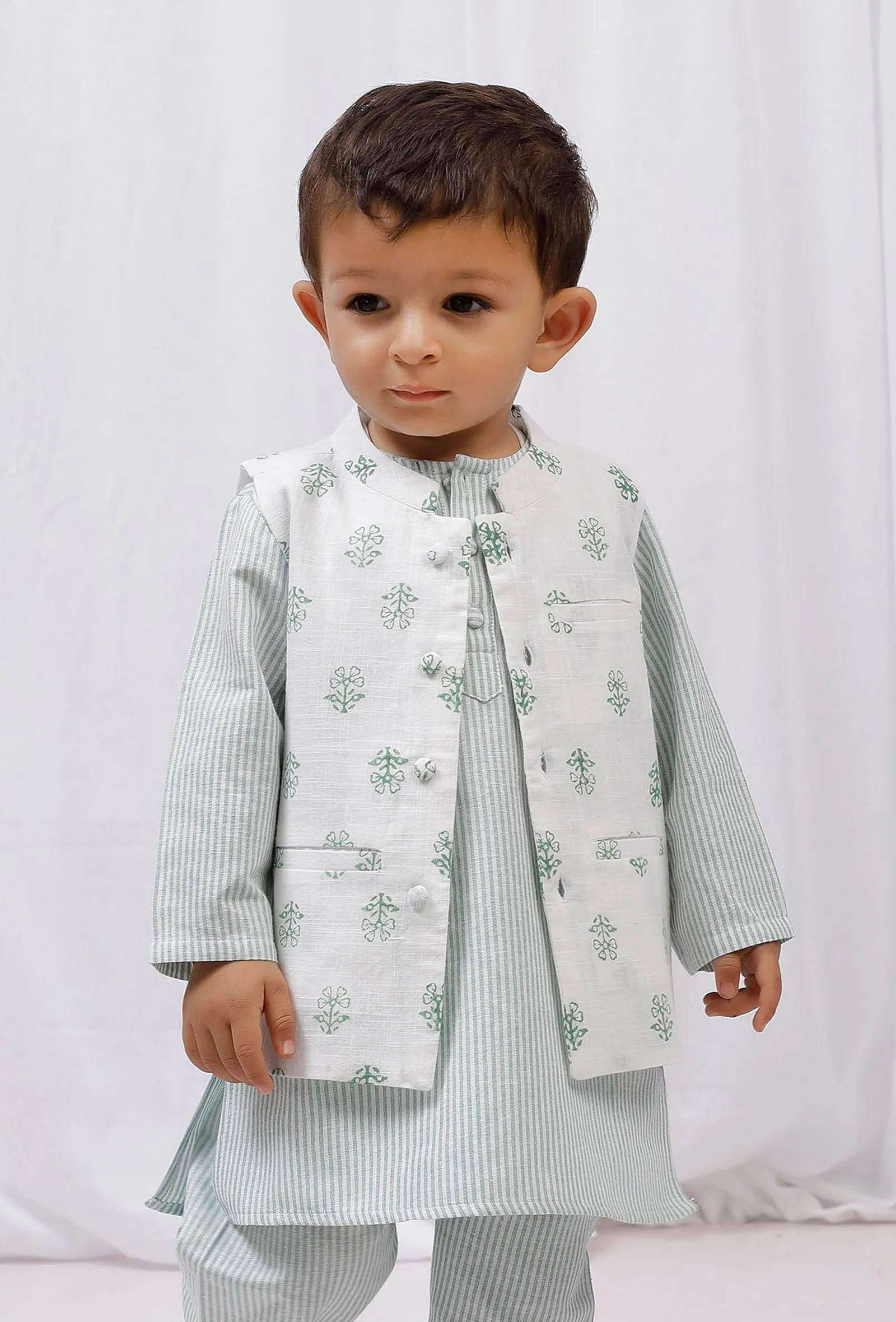 Green Floral Block Printed Nehru Jacket