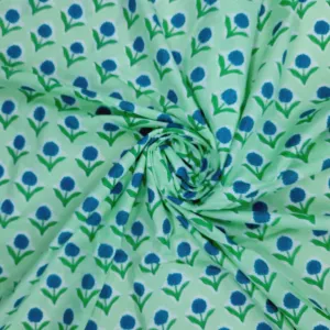 Green Floral Hand Block Print Cotton Fabric, Plain Weave , TU-4254