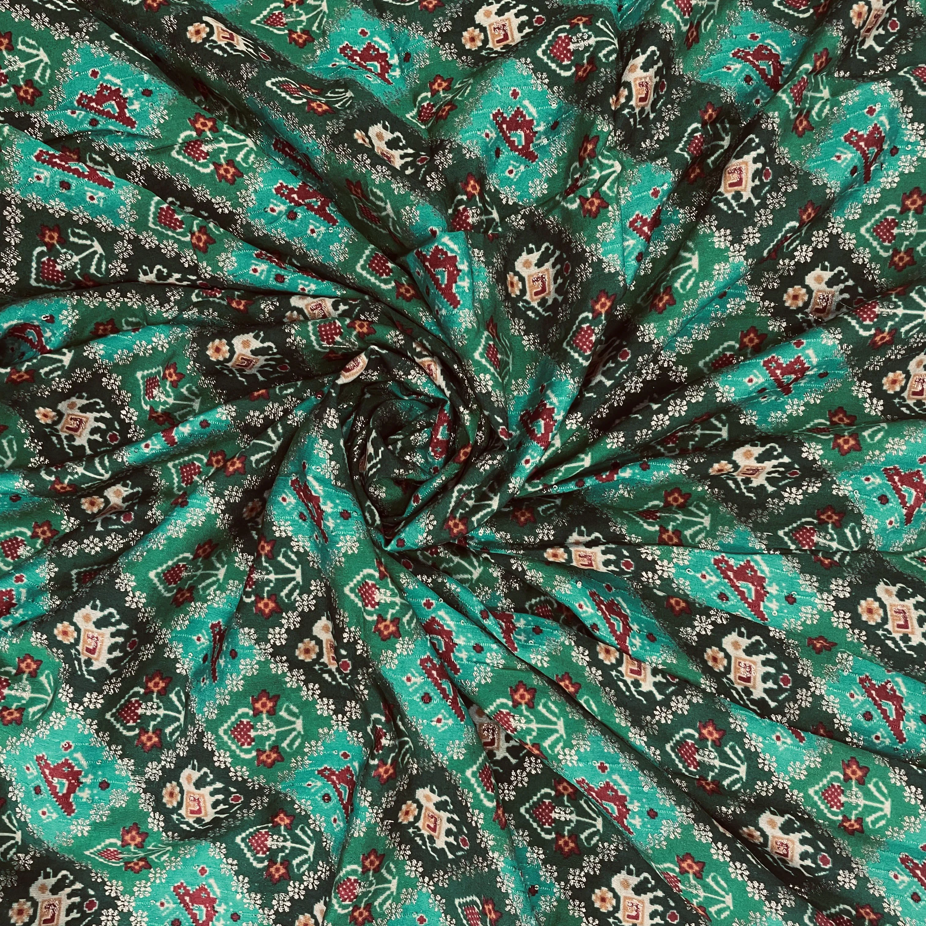 Green Ikat Patola With Dold Foil Chanderi Jacquard Fabric