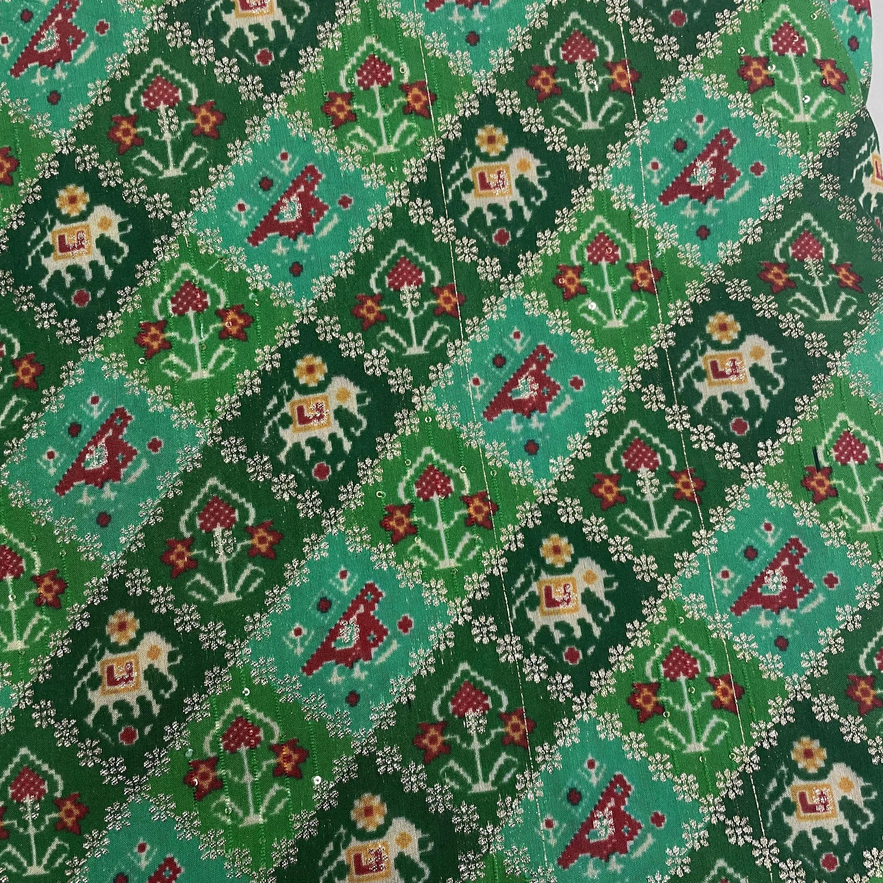 Green Ikat Patola With Dold Foil Chanderi Jacquard Fabric