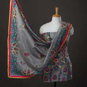 Grey - 3pc Hand Embroidery Chanderi Silk Phulkari Dress Material 54