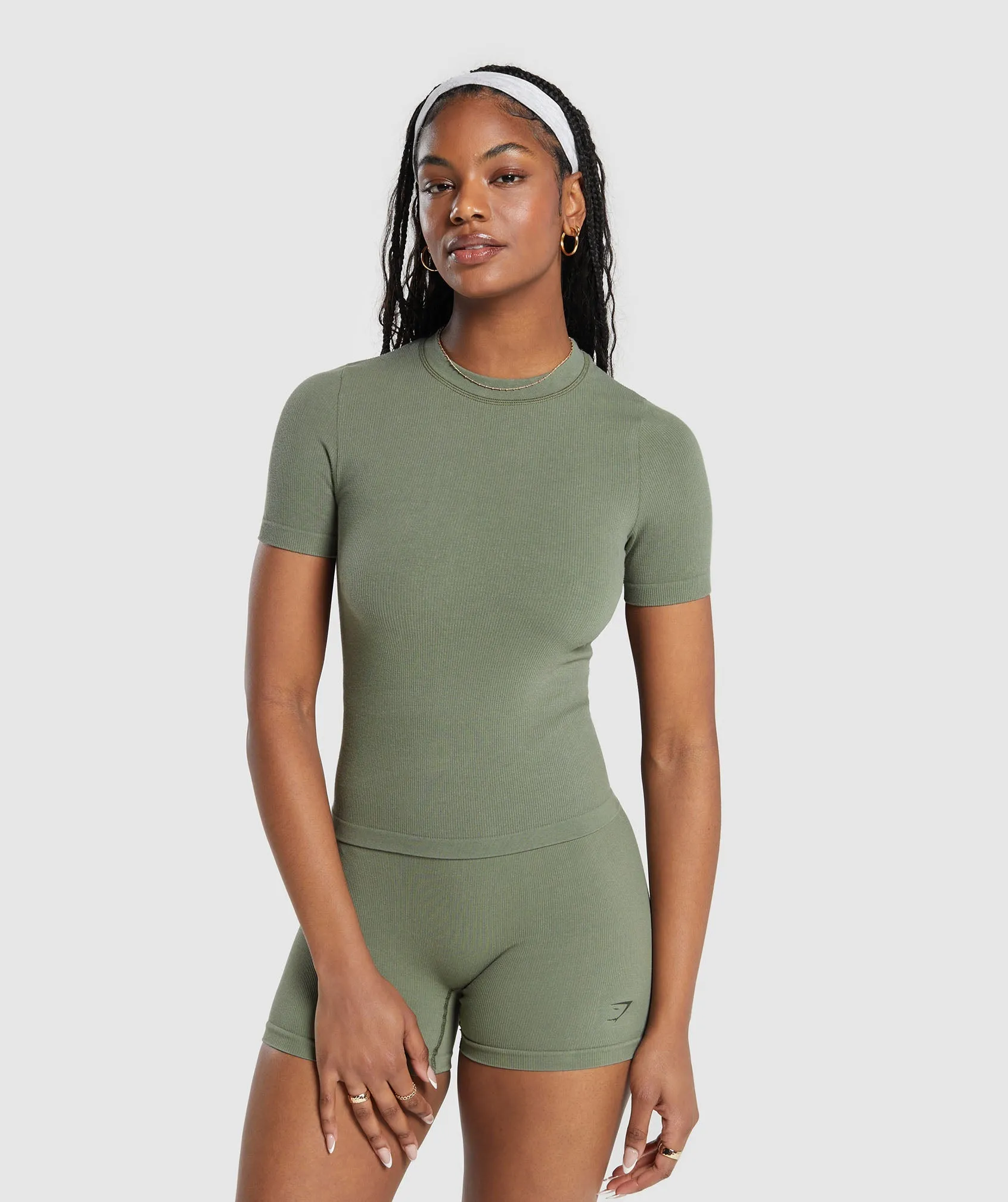 Gymshark Ribbed Cotton Seamless T-Shirt - Base Green