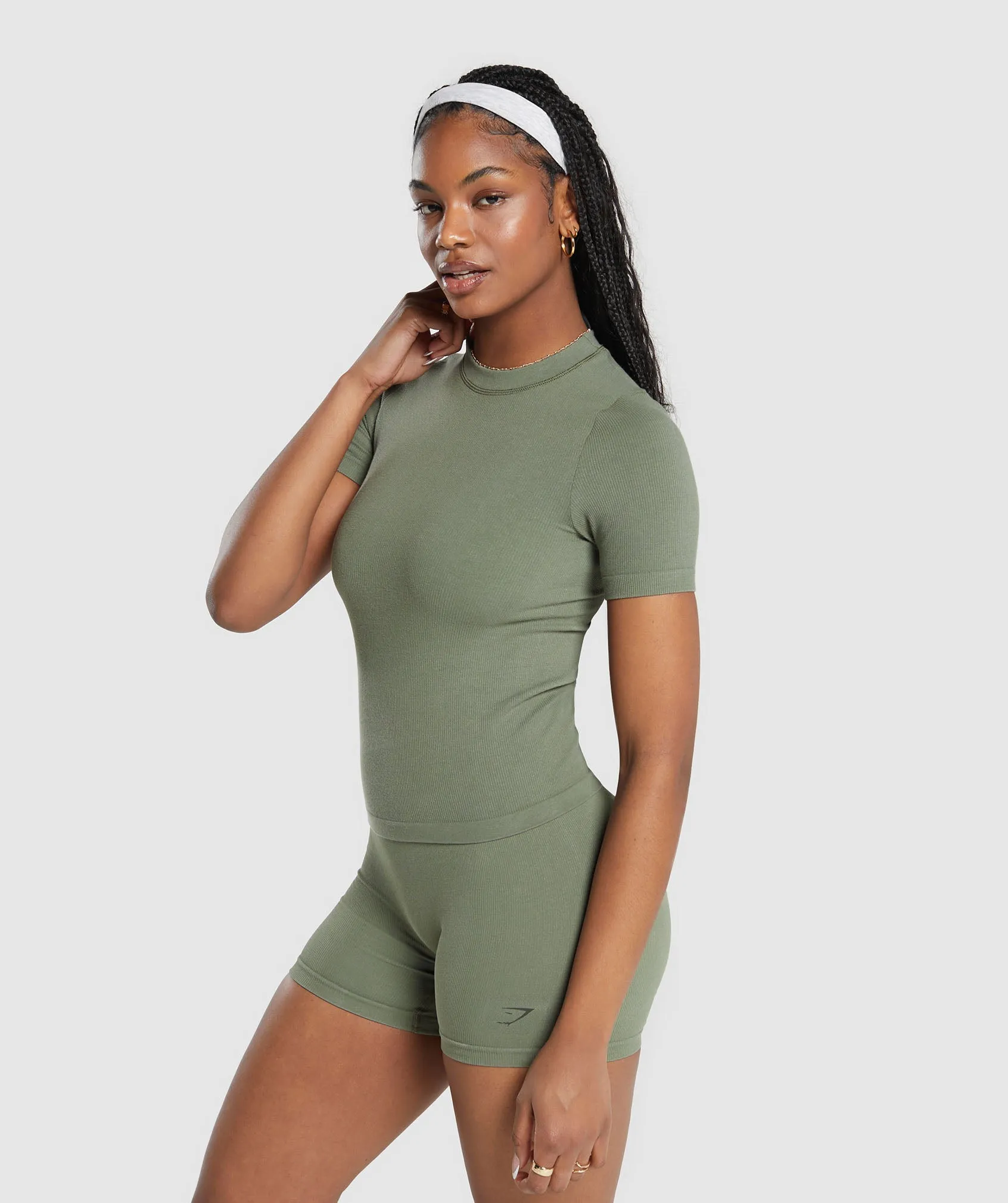 Gymshark Ribbed Cotton Seamless T-Shirt - Base Green