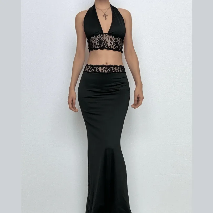 Halter v neck lace backless maxi skirt set