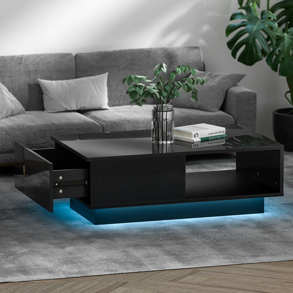 High Gloss Coffee Table LED Lights Storage Drawer Modern Furniture - Black