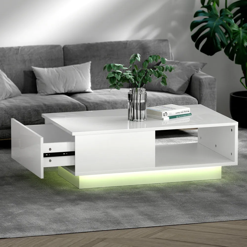 High Gloss Coffee Table LED Lights Storage Drawer Modern Furniture - White