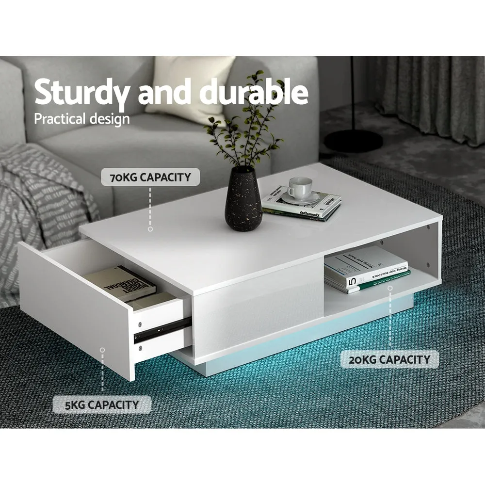 High Gloss Coffee Table LED Lights Storage Drawer Modern Furniture - White