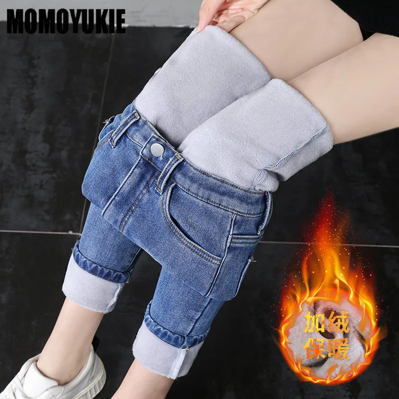 High Waist Thermal Jeans Women Winter Blue