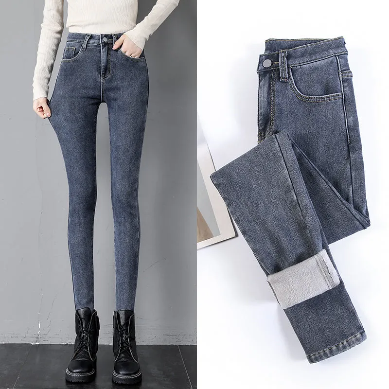 High Waist Thermal Jeans Women Winter Blue