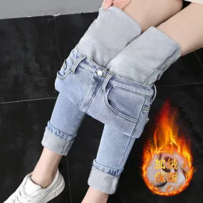 High Waist Thermal Jeans Women Winter Blue