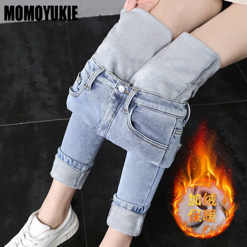 High Waist Thermal Jeans Women Winter Blue