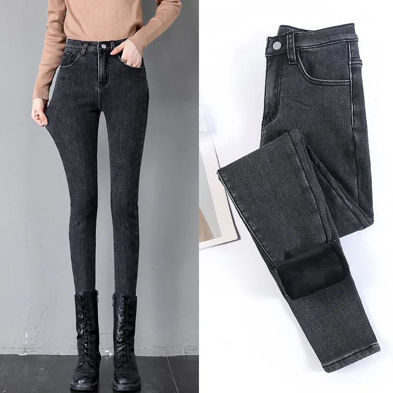 High Waist Thermal Jeans Women Winter Blue