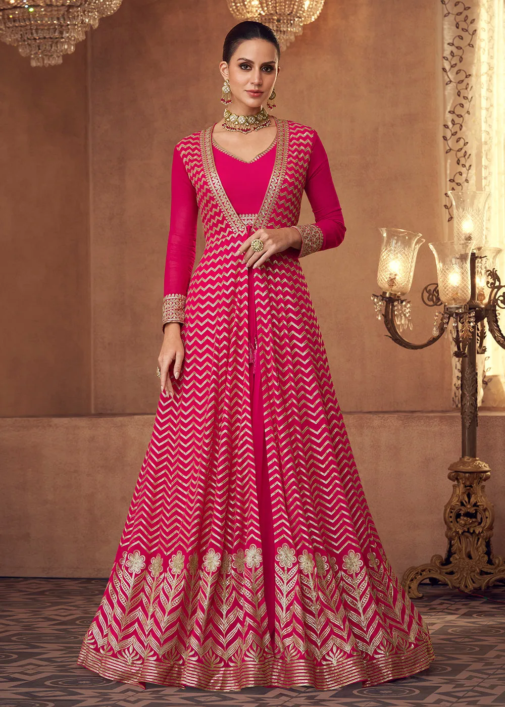 Hot Pink Crop Top Style Georgette Lehenga Skirt Suit