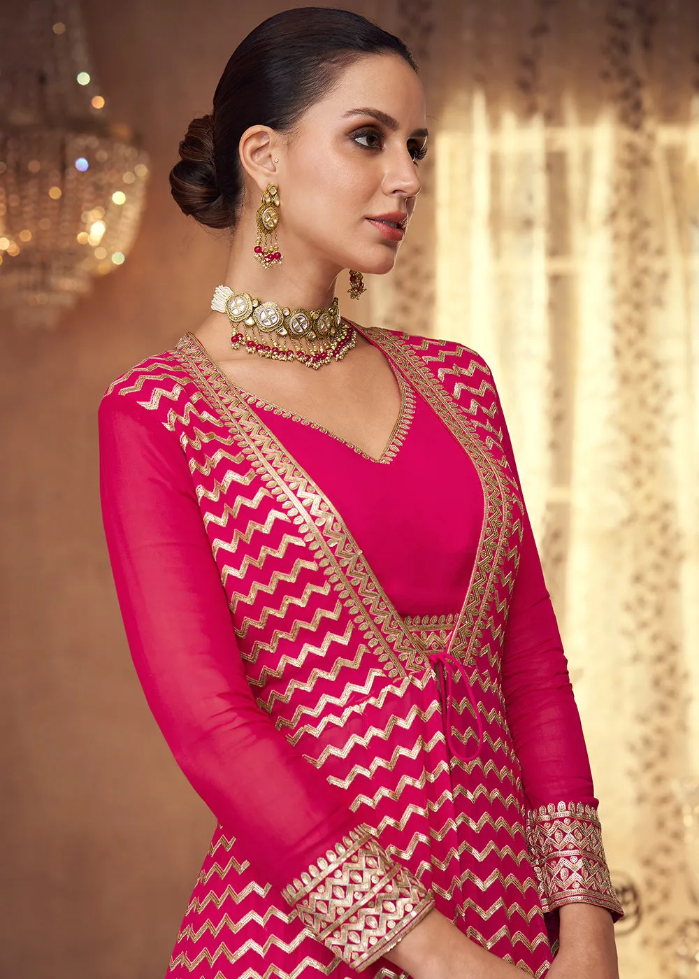 Hot Pink Crop Top Style Georgette Lehenga Skirt Suit