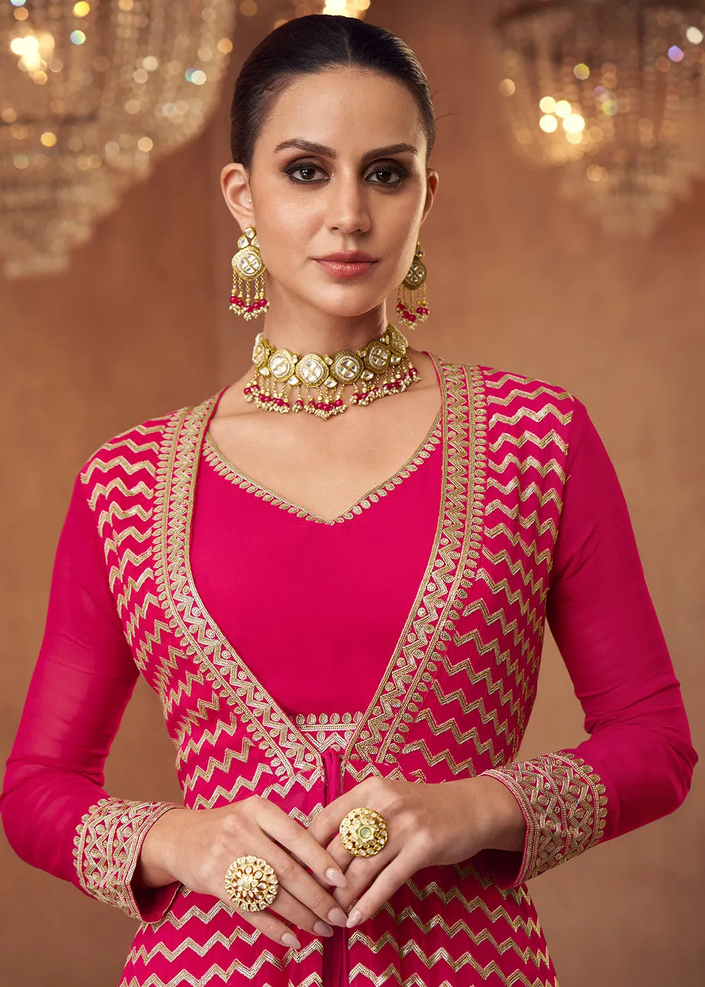 Hot Pink Crop Top Style Georgette Lehenga Skirt Suit