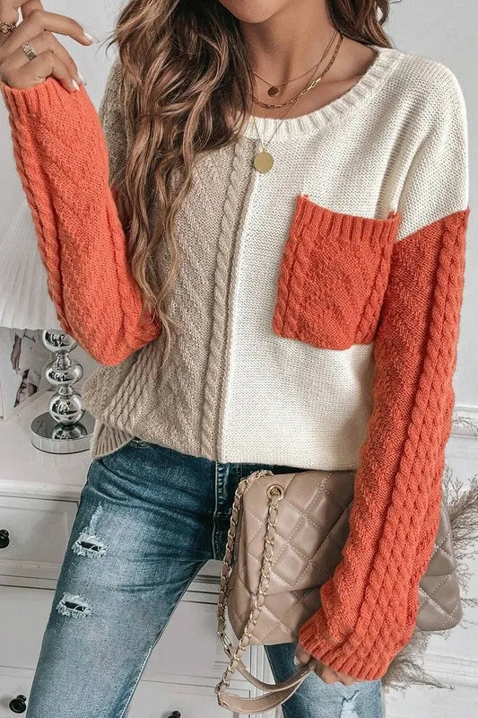 It's All Yours - Colorblock Patched Pocket Drop Shoulder Sweater