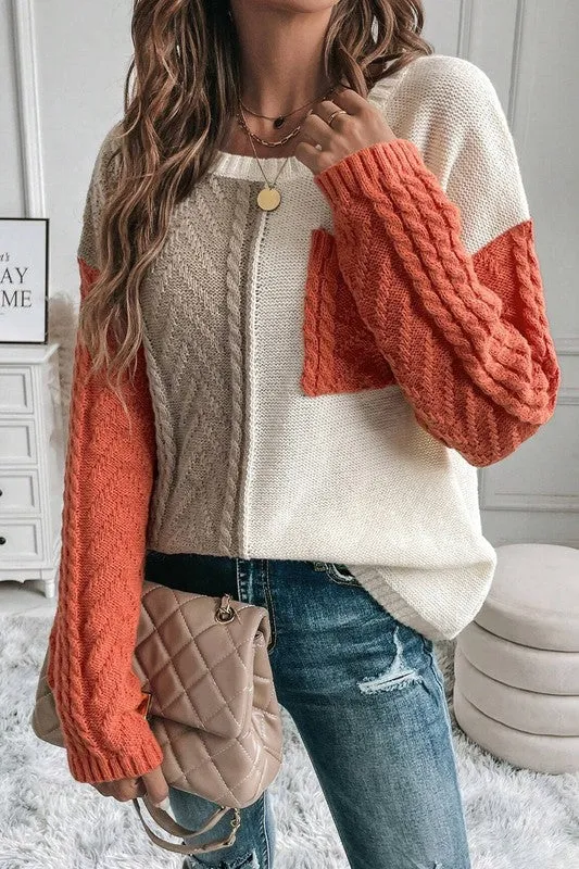 It's All Yours - Colorblock Patched Pocket Drop Shoulder Sweater