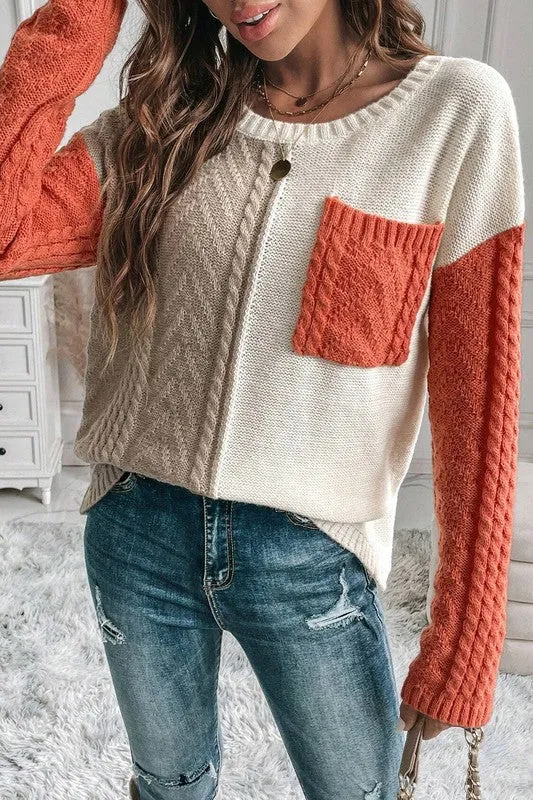 It's All Yours - Colorblock Patched Pocket Drop Shoulder Sweater