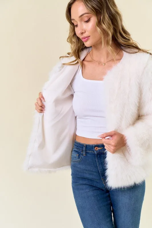 Ivory Faux Fur Coat With Hook And Eye Closure