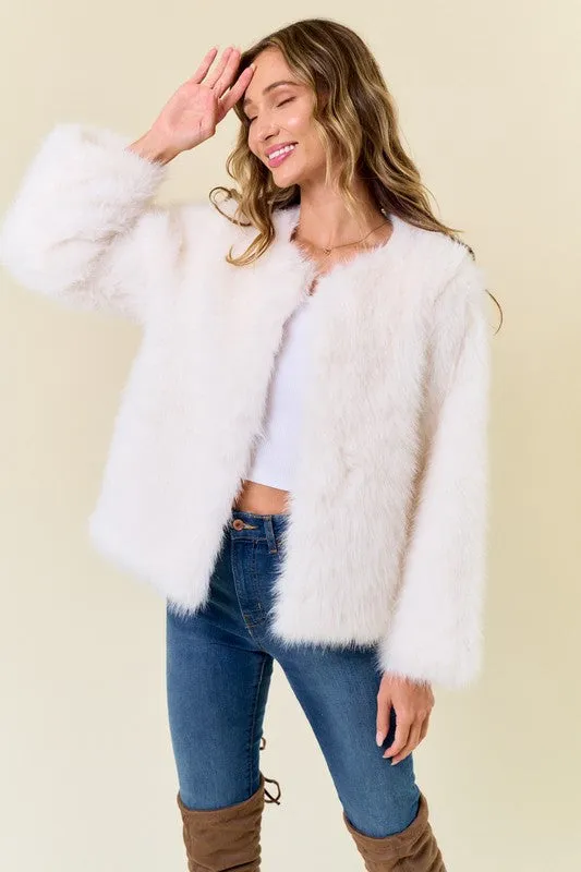 Ivory Faux Fur Coat With Hook And Eye Closure