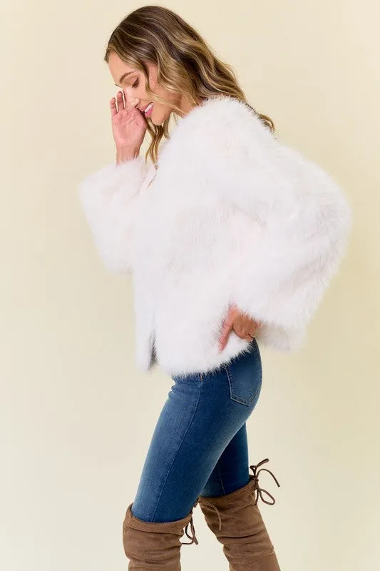 Ivory Faux Fur Coat With Hook And Eye Closure