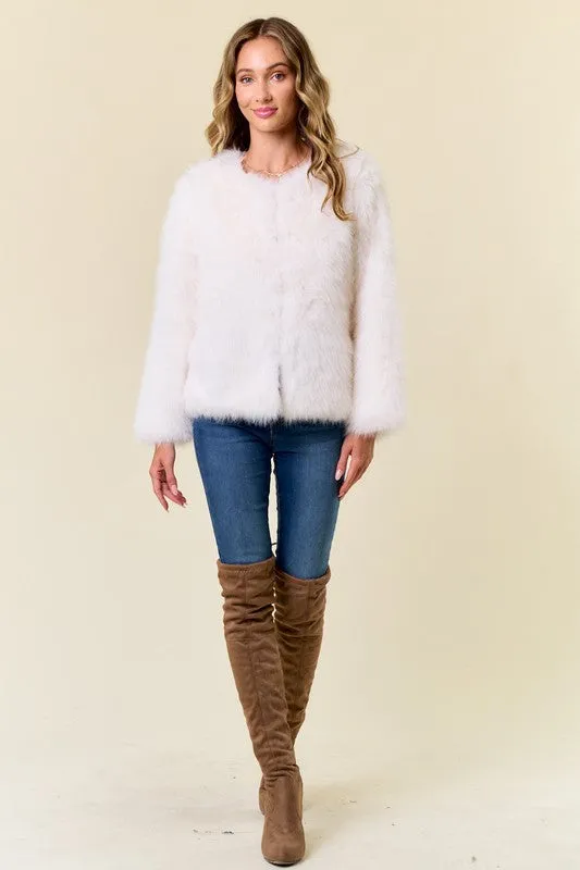 Ivory Faux Fur Coat With Hook And Eye Closure