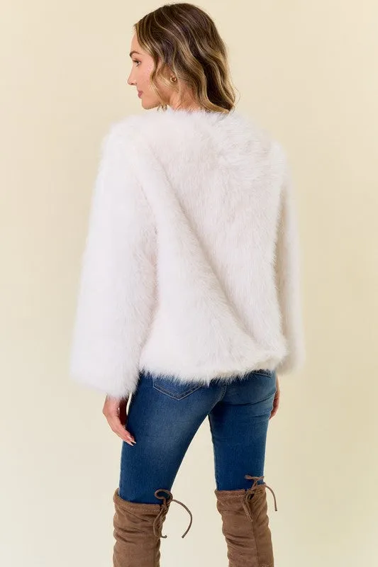 Ivory Faux Fur Coat With Hook And Eye Closure