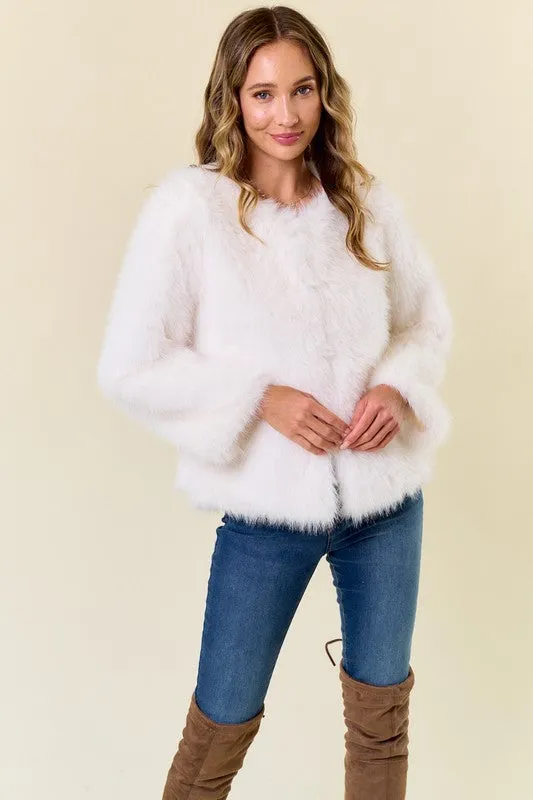 Ivory Faux Fur Coat With Hook And Eye Closure