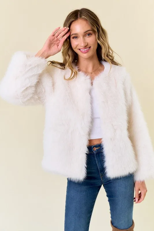 Ivory Faux Fur Coat With Hook And Eye Closure