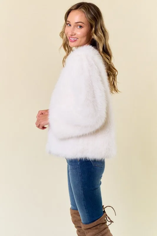 Ivory Faux Fur Coat With Hook And Eye Closure