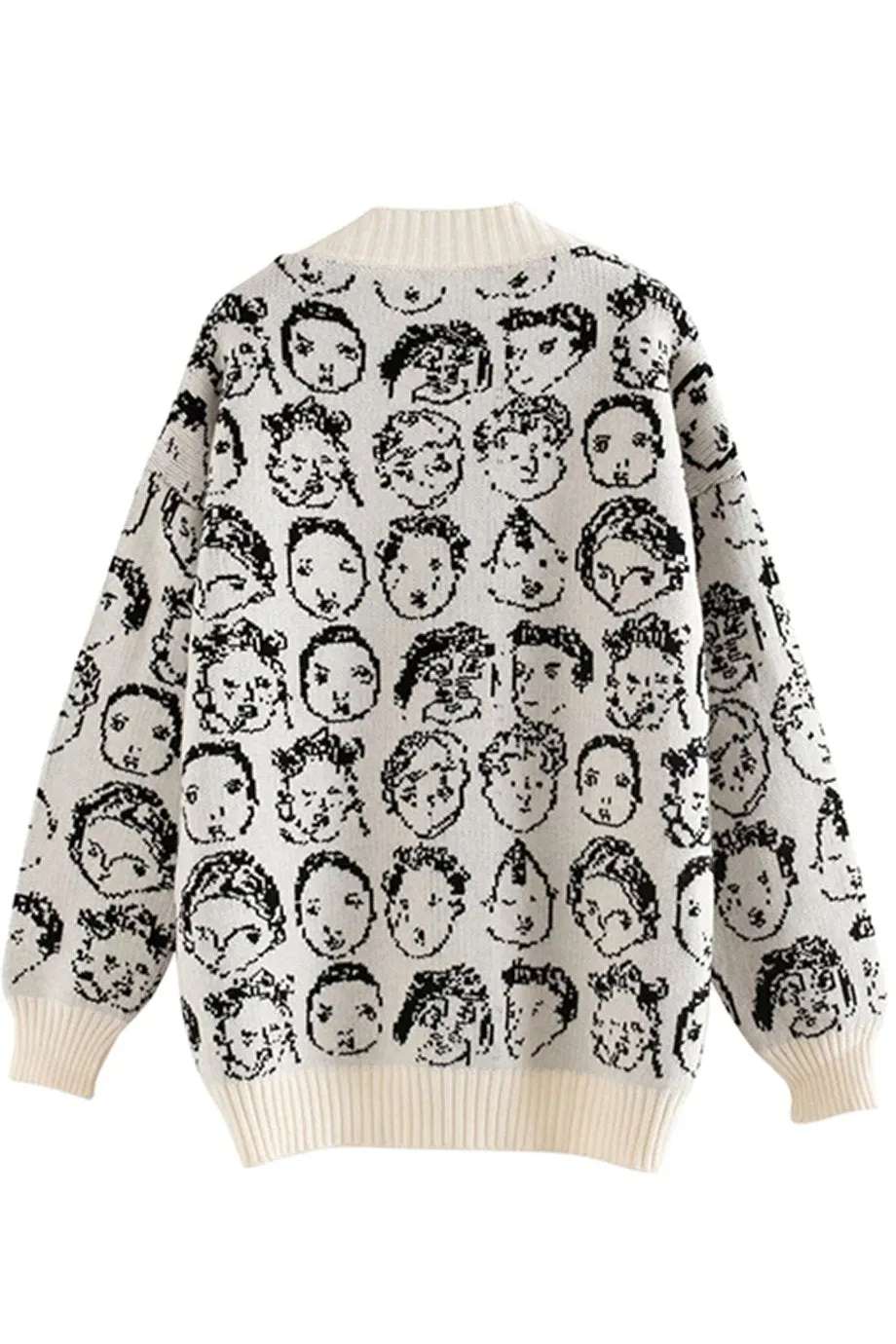 Julia Ivory Knit Cardigan with Face Patterns