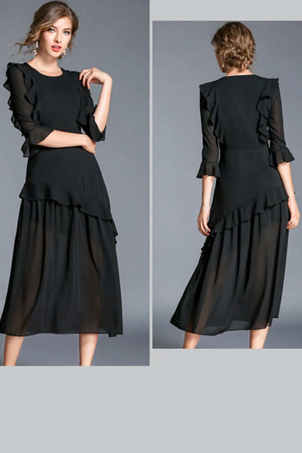 Ketty More Women Round Neck Ruffled Skirt Long Dress-KMWD131